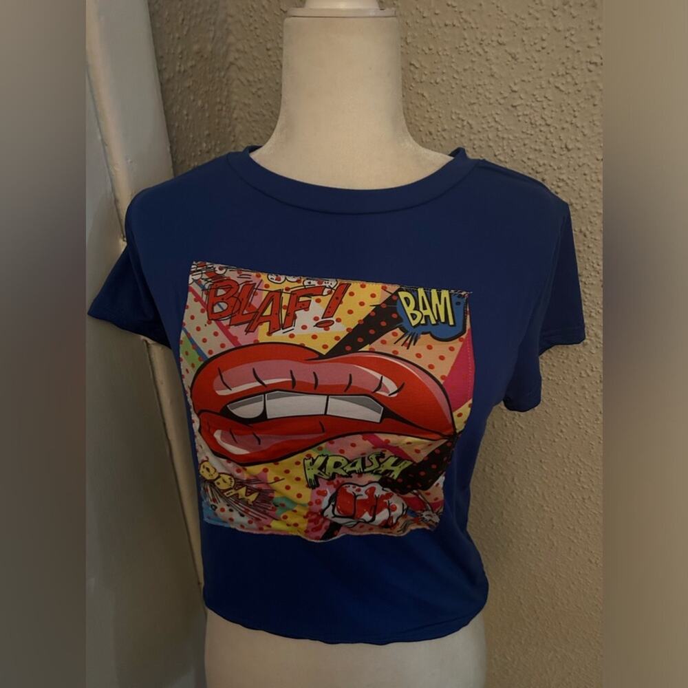 AQ Sport Blue Cropped Graphic Tee XL Cloth Mask NEW Casual Dopamine Kidcore